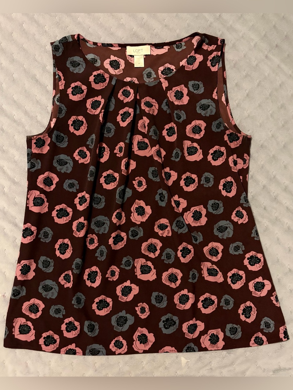 LOFT Brown Sleeveless Floral Blouse with Pink and Gray Flowers